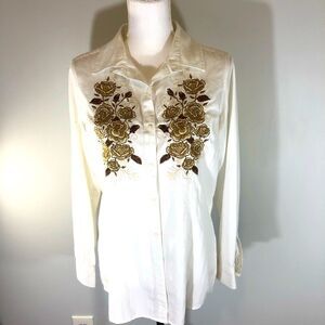 𝅺Alan Jackson long sleeve white with brown embroidery women’s blouse size L